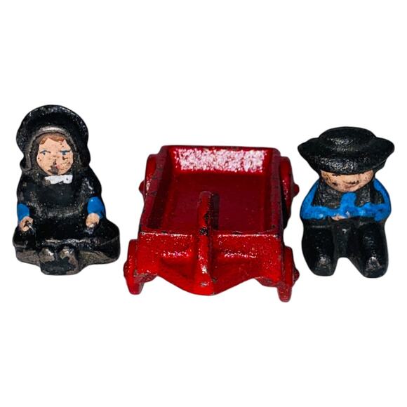 Vintage Cast Iron Blue Amish Boy Girl Red Wagon 1997 John Wright Figurines  A926 - Picture 6 of 10